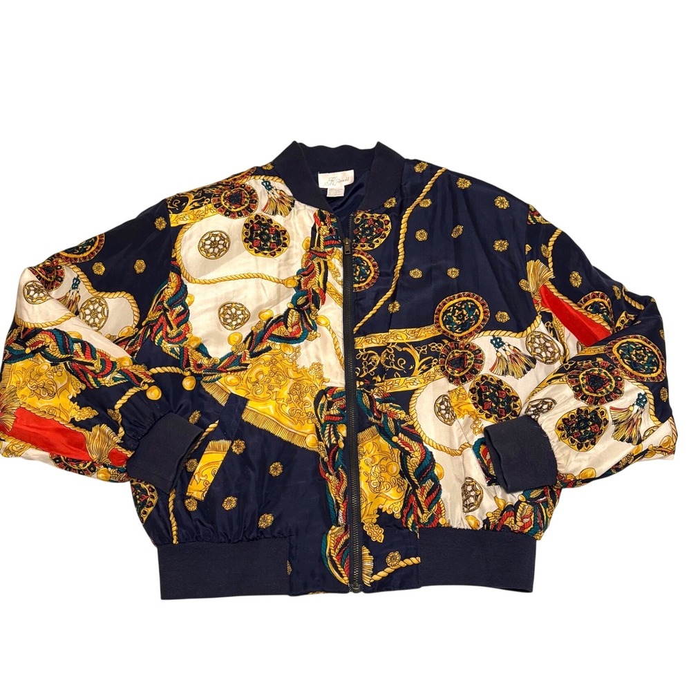 K Arnold Vintage Silk Bomber Jacket Nautical Chain Print Navy Gold Small Unisex